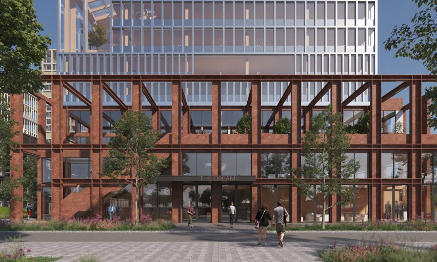 Render of a decked terrace with a steel structure at the Amstel Design District by Mecanoo