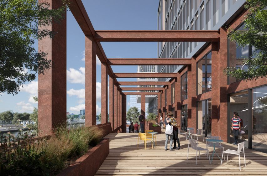 Render of a decked terrace with a steel structure at the Amstel Design District by Mecanoo