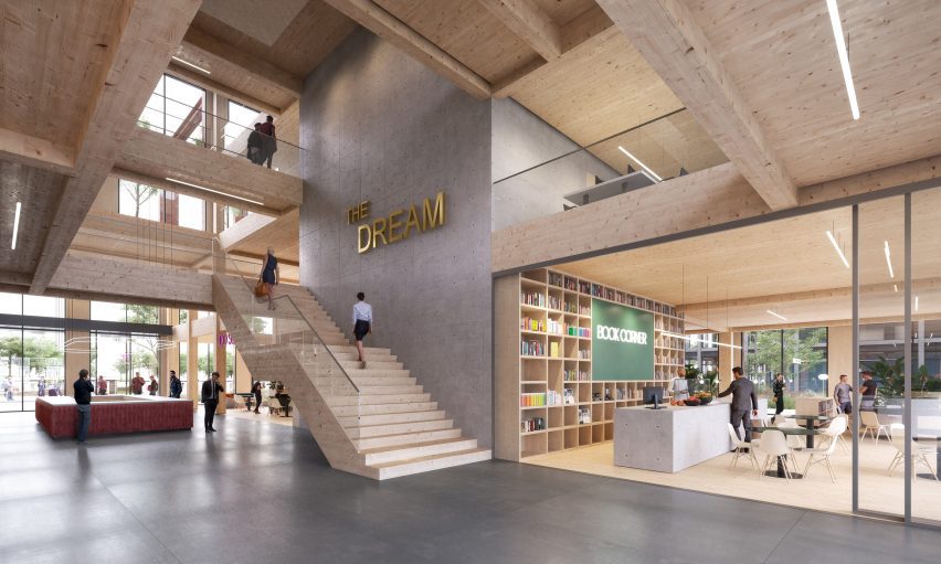 Render of inside a timber building at the Amstel Design District by Mecanoo