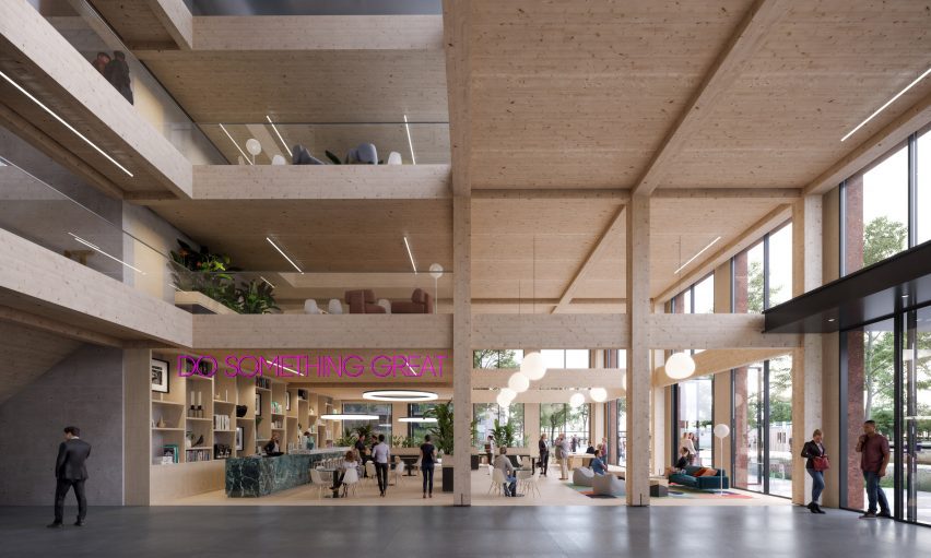 Render of inside a timber building at the Amstel Design District by Mecanoo