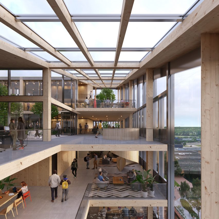 Render of the interior of a building with a timber structure and skylights