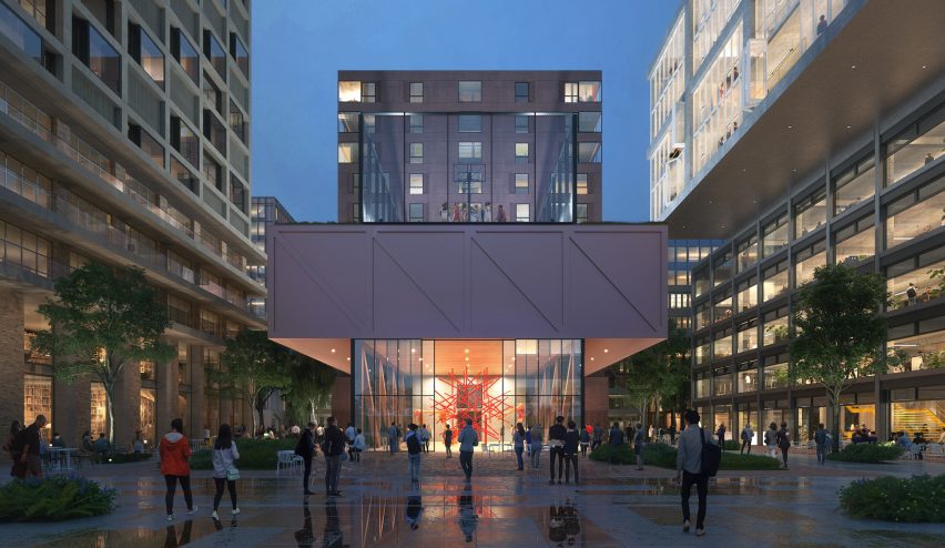 Render of a public square surrounded by tall cubic buildings at the Amstel Design District