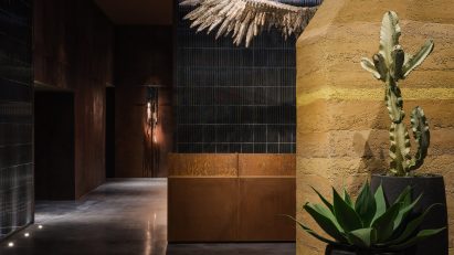Moxy hotel lobby in LA with rammed earth wall and owl wing
