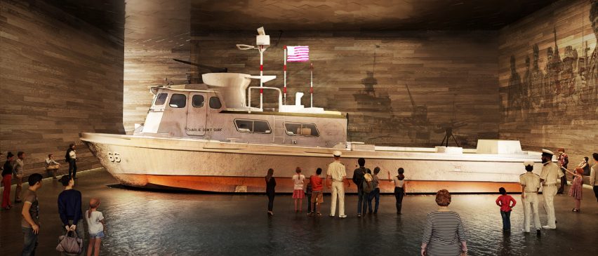 Rendering of coast guard boat in Navy Museum concept by DLR Group