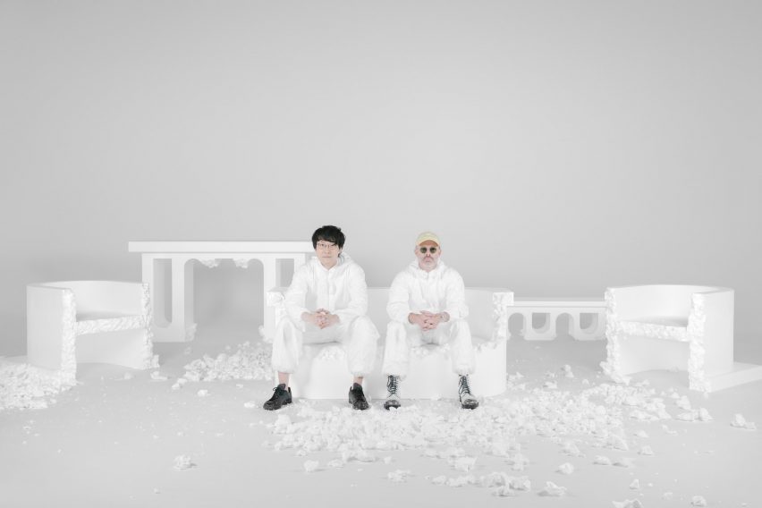 Oki Sato and Daniel Arsham sat on styrofoam bench at Break to Make installation