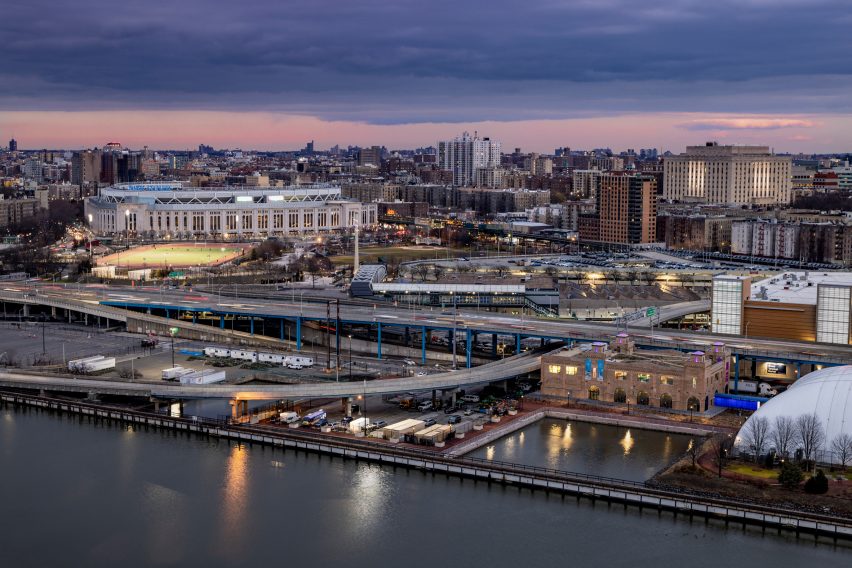 Exterior of the Bronx Children's Museum on a city waterfront