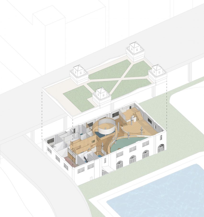 Exploded isometric drawing of the Bronx Children's Museum by On'Neill McVoy