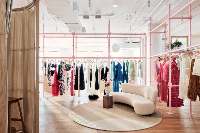 Pink scaffolding used as clothes trails