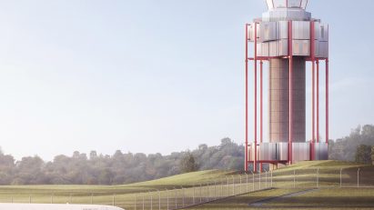 Air Traffic control tower with fields and a plane
