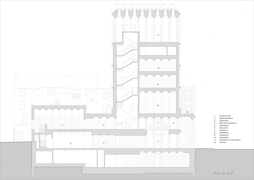 Section drawing of the International Rugby Experience building by Niall Nclaughlin Architects
