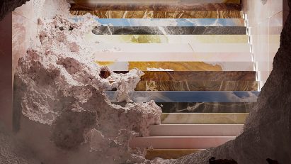 Render of a pink rocky cave with a staircase lined with different coloured marble