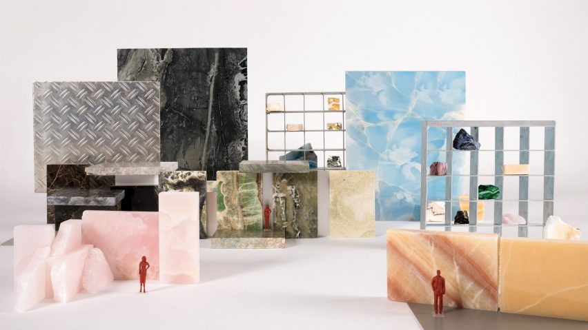 Slabs of different coloured stone on a white background depicting the Beyond The Surface exhibition by SolidNature
