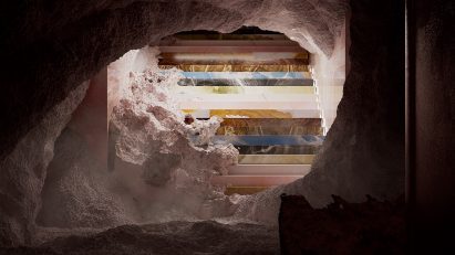Render of a pink rocky cave with a staircase lined with different coloured marble
