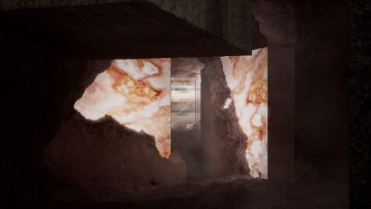 Render of a pink rocky cave with a staircase lined with different coloured marble