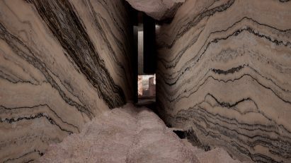 Render of a narrow corridor lined with stone