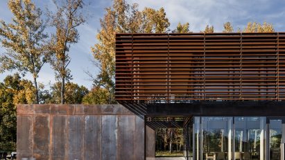 Two-storey Corten steel tasting room at the Lasting Joy Brewery