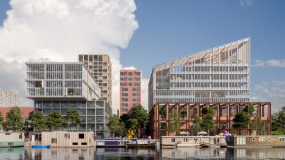 Render of the multiple multi-storey buildings of the Amstel Design District by Mecanoo on the canal-side