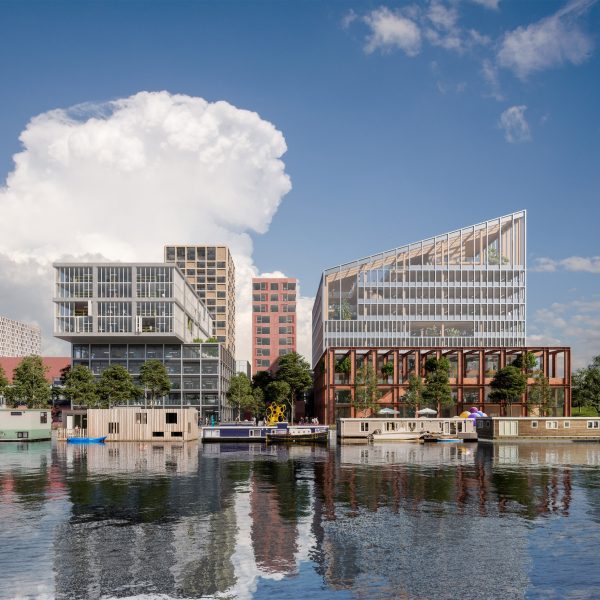 Render of the multiple multi-storey buildings of the Amstel Design District by Mecanoo on the canal-side