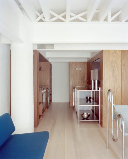 Geometric timber and steel cabinetry in the kitchen
