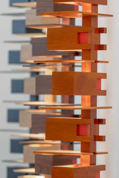 Close-up of Taliesin lights in Shigeru Ban exhibition