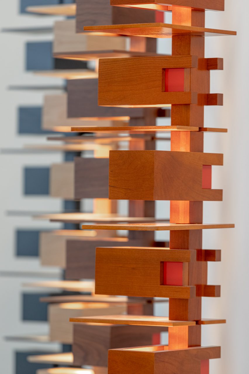 Close-up of Taliesin lights in Shigeru Ban exhibition