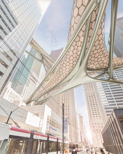 Visualisation showing view from street at structure between skyscrapers