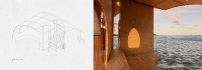 Drawing on left and visualisation on right showing structure on beach