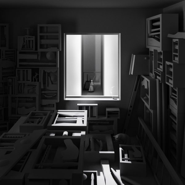 Visualisation showing an artist's studio with a window in the back showing the artist in an alleyway