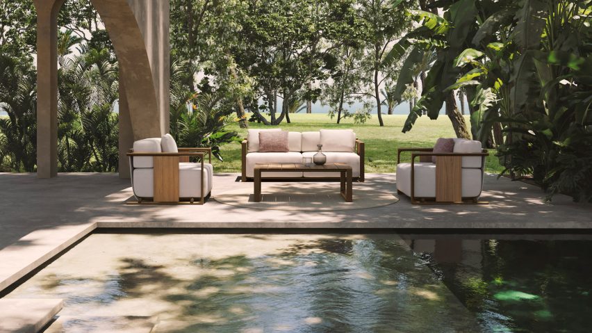 Photograph showing seating on poolside terrace