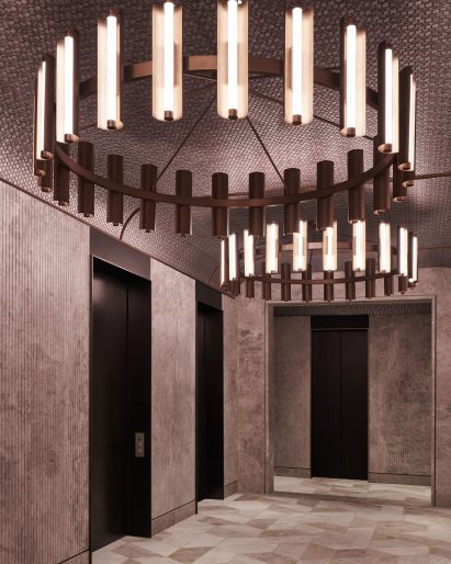 Dime covered ceilings and lights and elevators