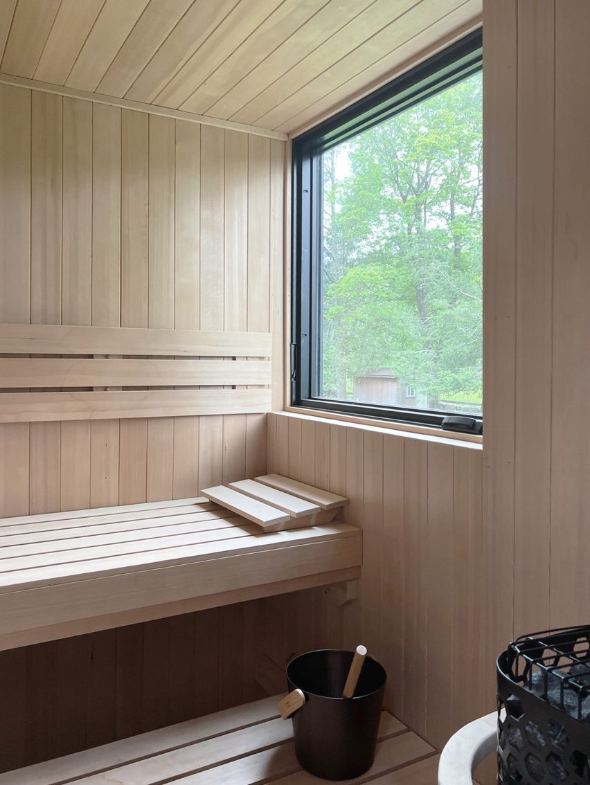 Interior of a wooden home sauna