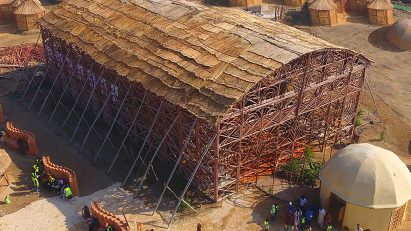 Aerial view of a bamboo pavilion in Makli by Yasmeen Lari