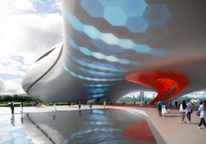 Exterior render of Yichang Grand Theatre by Open Architecture
