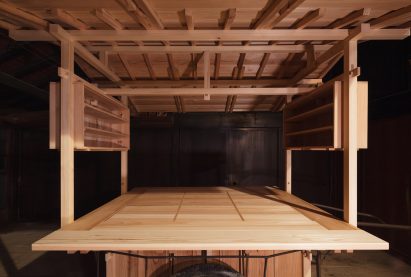 Detail of wooden cart in industrial interior setting