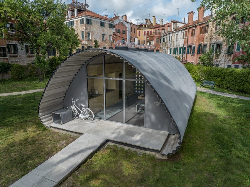 Photo of a grey housing pod designed by Norman Foster Association