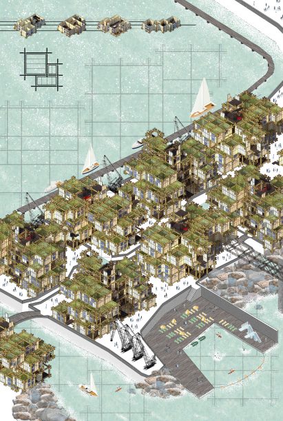Architectural drawing of a bird's eye view of a urban space by the coast