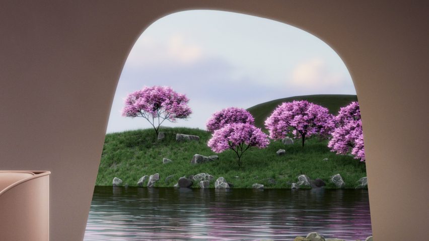 Render of an archway overlooking water and plants
