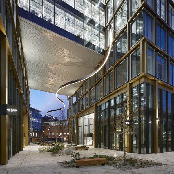 Exterior corridor of TP Bennett's 11 & 12 Wellington Place office building