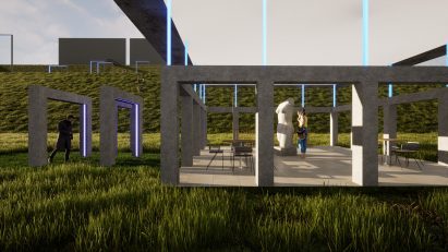 A render of a neon frame outside with sculptures centred within it