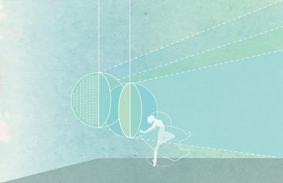 Mint-coloured graphic image of a theatrical installation 