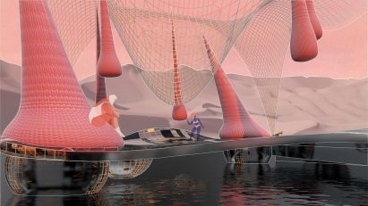 A graphic image of a pink installation 