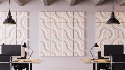 Beige wavey tiles on wall in office