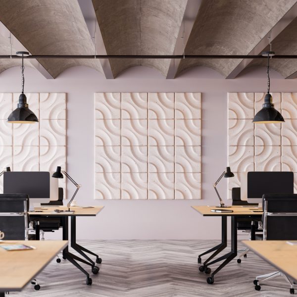 Beige wavey tiles on wall in office