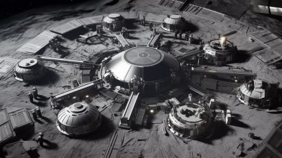 Black and white render of circular base camps built on the moon