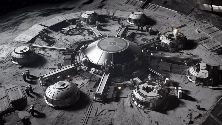 Black and white render of circular base camps built on the moon