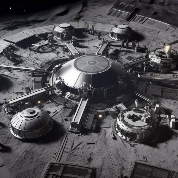 Black and white render of circular base camps built on the moon