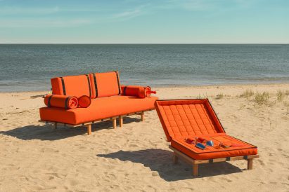Bliss sofa with open ottoman and cocktail shakers