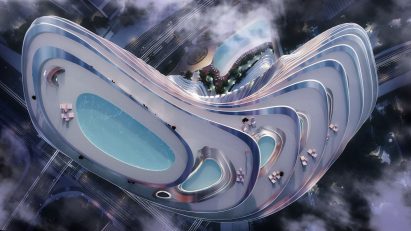 Skyscraper topped with pools