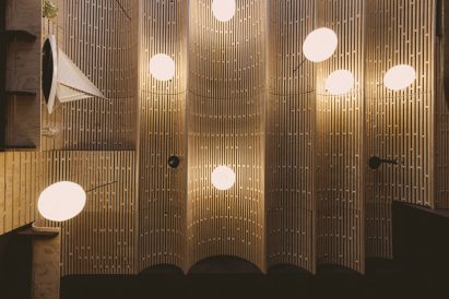 View up to plywood ceiling