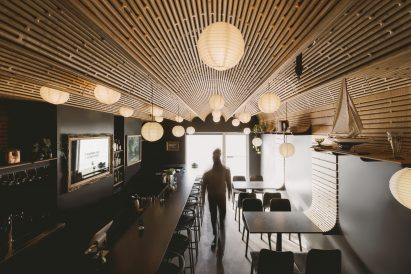Wide view of bar and seating area